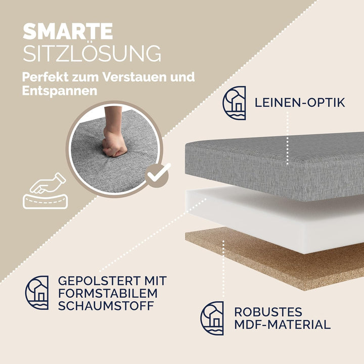 Casaria® Sitzbank mit Stauraum 80x40x40cm Hellgrau Deckel Klappbar Gepolstert Faltbar Stoff 100L Sta