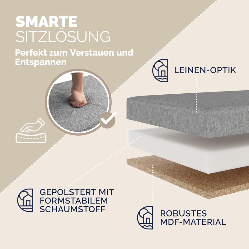 Casaria® Sitzbank mit Stauraum 80x40x40cm Hellgrau Deckel Klappbar Gepolstert Faltbar Stoff 100L Sta