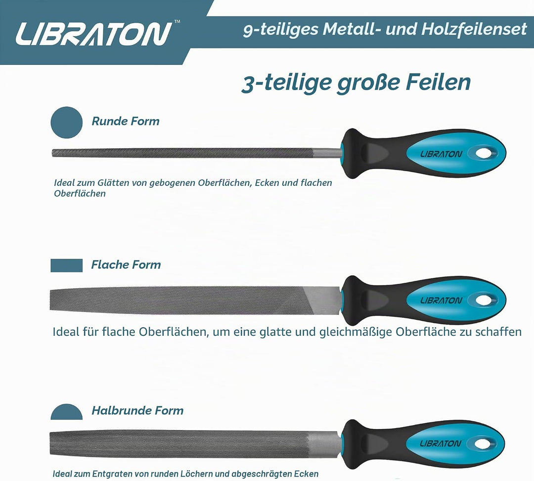 LIBRATON Feilen Set, Werkstattfeile Satz 9 tlg. Feilenset Metall Set Feilensatz inkl. Flachfeile Hal
