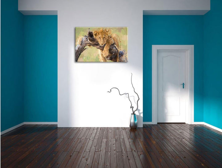 Pixxprint Junger Löwe in der Natur Kunst / 100x70cm Leinwandbild bespannt auf Holzrahmen/Wandbild Ku