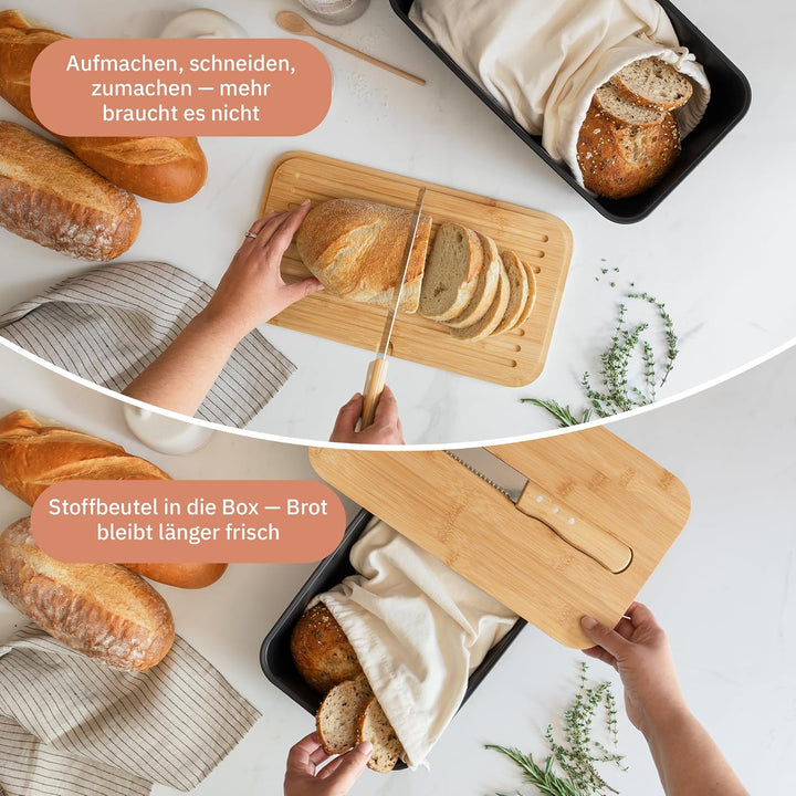 UCO Brotkasten Schwarz 38 cm mit Schneidebrett-Deckel und Messer, inklusive Stoff-Brotbeutel, Brot A
