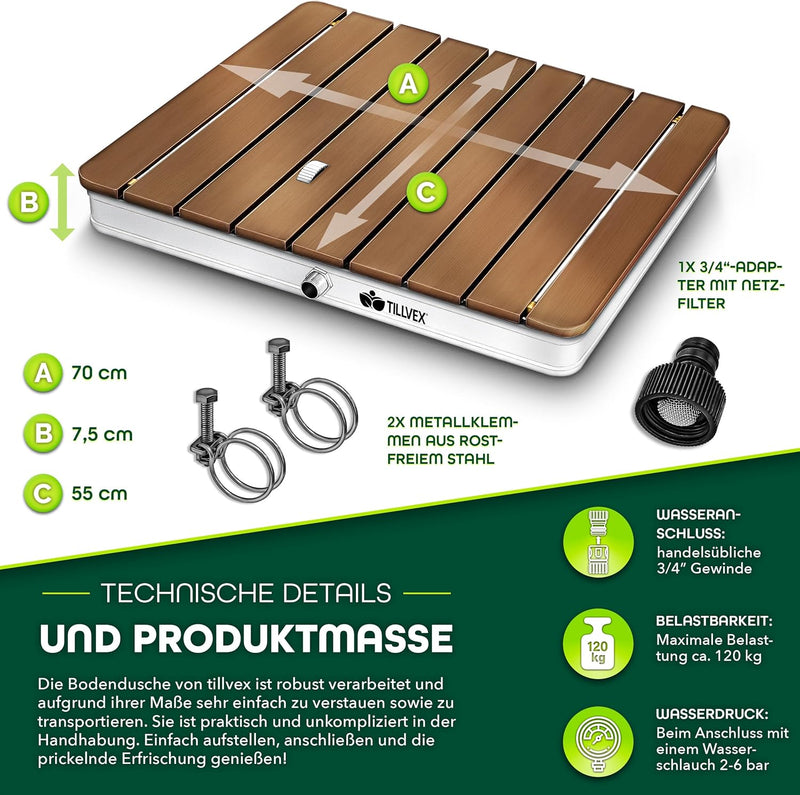 tillvex® Gartendusche Outdoor bis 4 m Fontänenhöhe | Bodendusche rechteckig mit Fussrad | Aussendusc