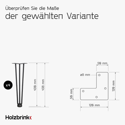 HOLZBRINK 4 x Hairpin Tischbeine Metall 3-Stangen, Hairpin Leg Möbelfuss, Schwarz, 43 cm, HLT-13A-43