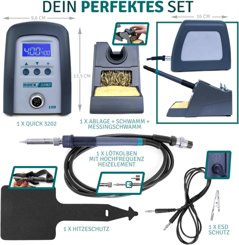 QUICK 3202 Digital Regelbare ESD Lötstation 90 Watt inkl. Lötkolben mit 1 mm Lötspitze und Zubehör -