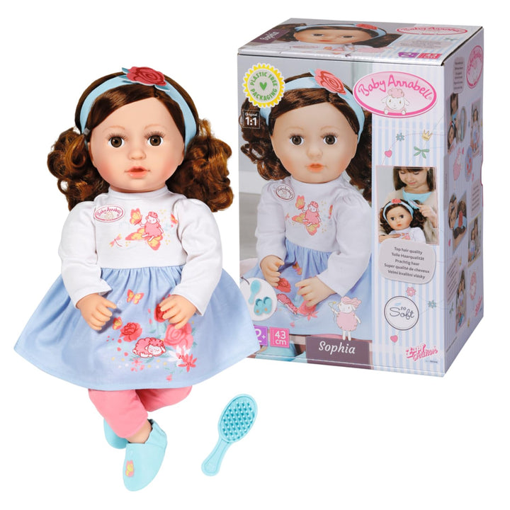 Zapf Creation 707234 Baby Annabell Sophia, brünett 43cm -weiche Stoffpuppe mit langen braunen Haaren