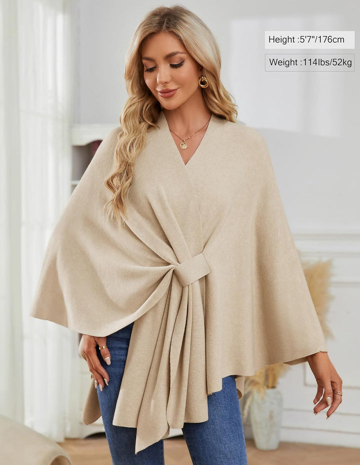 PULI Damen Elegant Poncho Strick Ponchos Capes Vorne öffnen Vielseitige Schalwickel mit Lasche Barle
