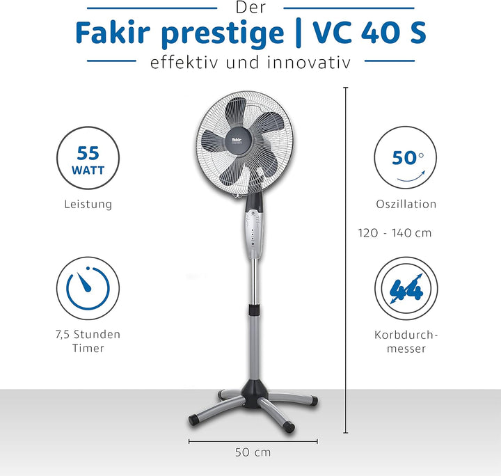 Fakir VC 40 S Standventilator mit Fernbedienung, 55 Watt, höhenverstellbar - Leiser Ventilator mit 3