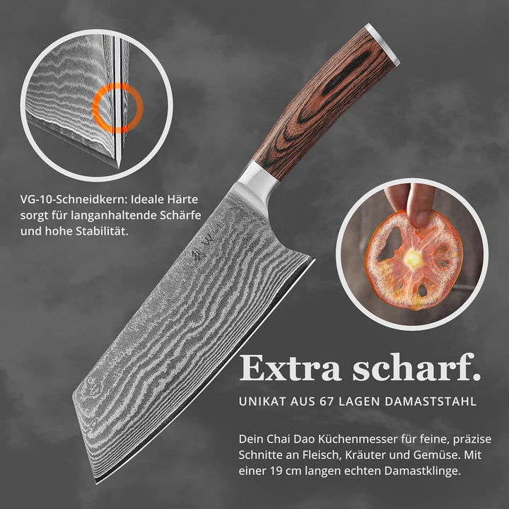 Wakoli EDIB Chai Dao Kochmesser mit Gravur – Personalisiertes Messer, 19cm Klinge aus 67 Lagen Damas