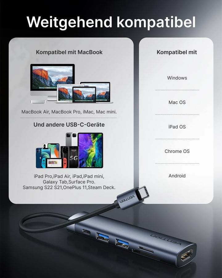 VENTION USB C Hub PD 100W, 6 in 1 Docking Station, 4K@30HZ HDMI, USB A 3.0 Data Transfer Splitter Po