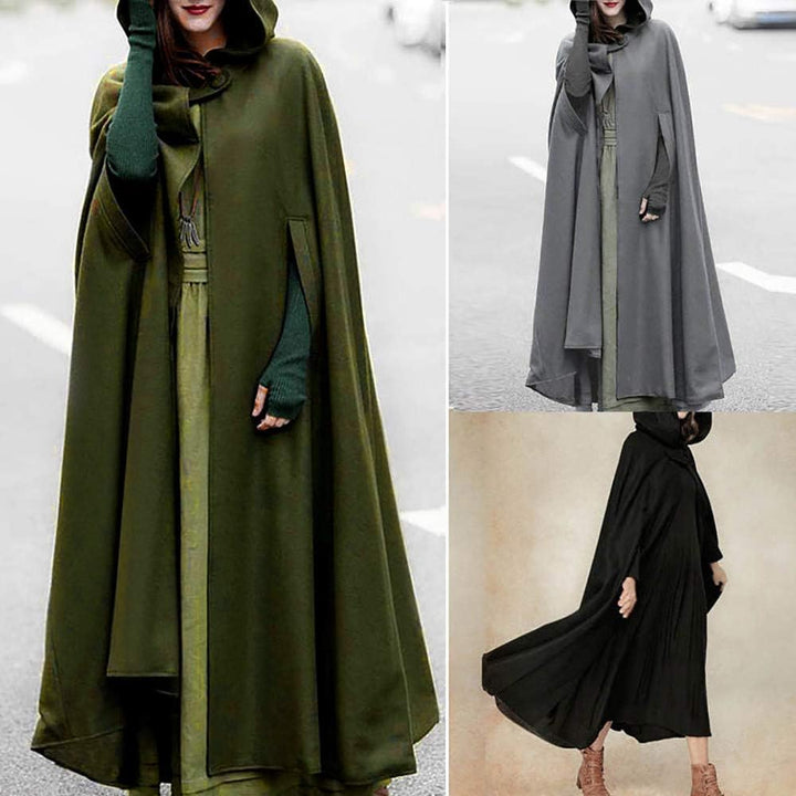 Wollen Umhang mit Kapuze Damen Vintage Einfarbig Poncho Robe Halloween Kostüm Leichte Trenchcoat Win