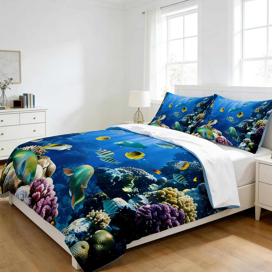 EHAOKK 3D Meer Tier Bettwäsche Set,Delfin,Tropischer Fisch,Korallen,Meeresleben Bettbezug,Blaue Unte