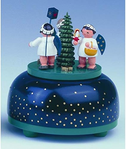 KWO Olbernhau 13013 Spieldose klein Engel mit Geschenk, 11 cm