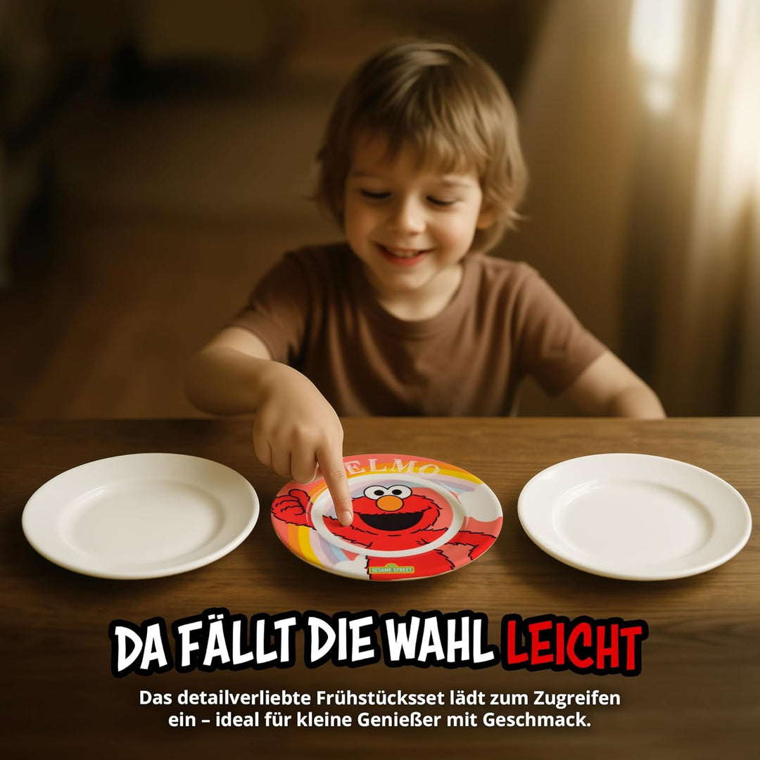 United Labels Elmo Frühstücksset Kinder, mit Elmo, Geschirr Set Porzellan, 3-teilig mit Teller, Scha