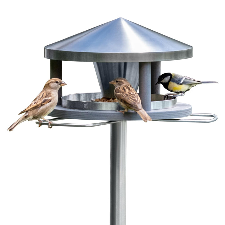 Vogelhaus mit Ständer wetterfest aus Edelstahl - Stabiles Vogelfutterhaus für draussen, modern aus M
