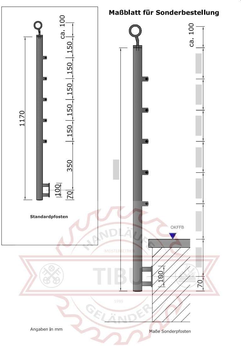 TIBU Einzelner Edelstahl Geländer Handlaufpfosten für seitliche Montage 5 Streben Seitenabstand 70mm