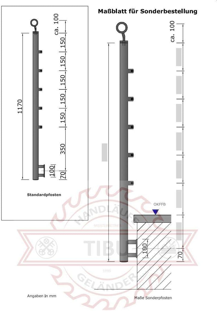 TIBU Einzelner Edelstahl Geländer Handlaufpfosten für seitliche Montage 5 Streben Seitenabstand 70mm
