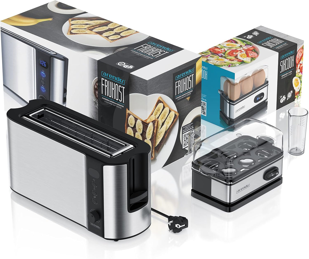 Arendo - SET Toaster FRUKOST mit Eierkocher SIXCOOK Edelstahl Silber, Toaster 2 Scheiben, LED-Displa