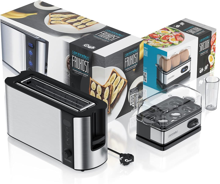 Arendo - SET Toaster FRUKOST mit Eierkocher SIXCOOK Edelstahl Silber, Toaster 2 Scheiben, LED-Displa