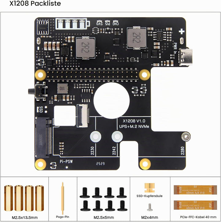 Geekworm X1208 UPS für Raspberry Pi 5 mit NVMe SSD (2280/2242/2230) Erweiterung | 5,1V/5A Ausgang |
