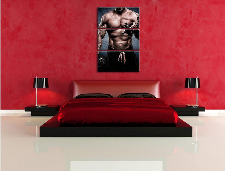 Pixxprint Starker Bodybuilder mit Hantel / 3-Teilig/Gesamtmass 120cm Leinwandbild bespannt auf Holzr
