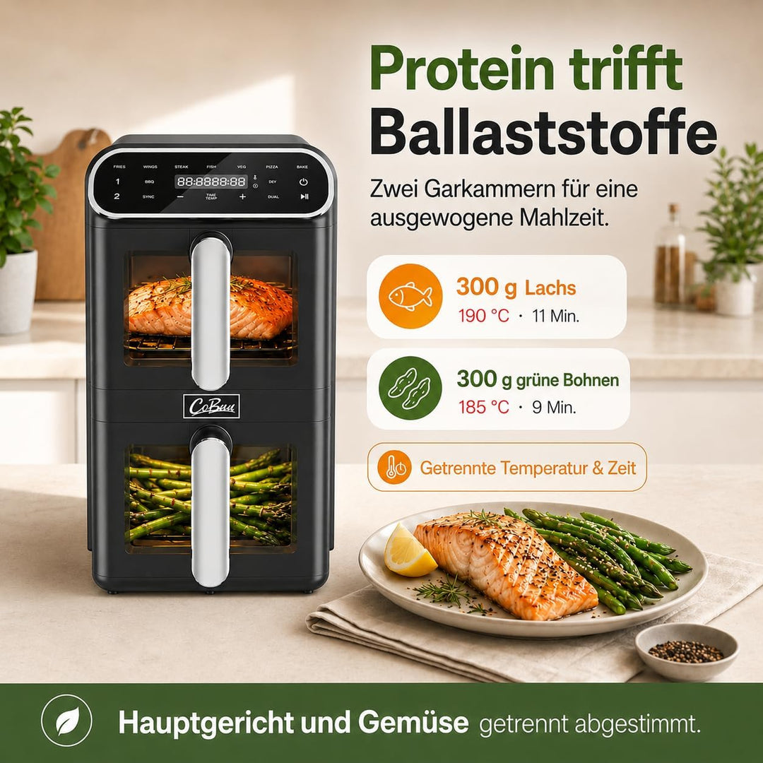 Heissluftfritteuse 2 Kammern übereinander 11L, platzsparende vertikale Doppelkammer, 2×5,5L Airfryer