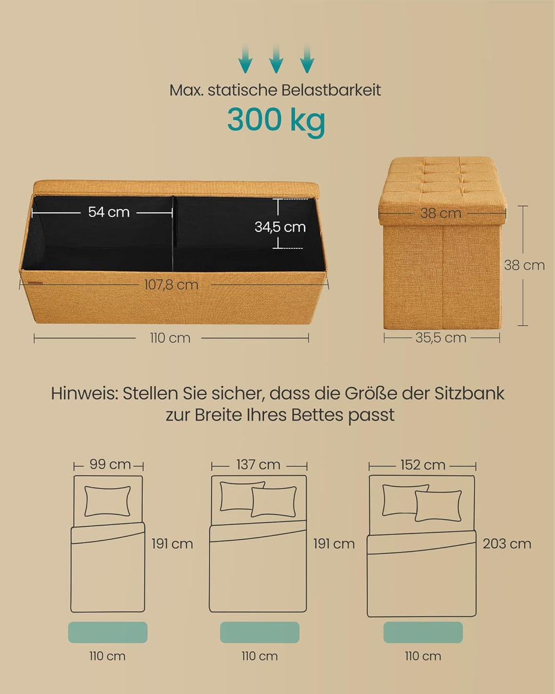 SONGMICS Sitzhocker mit Stauraum, klappbare Sitzbank, 38 x 110 x 38 cm Fussbank, Aufbewahrungsbox, b