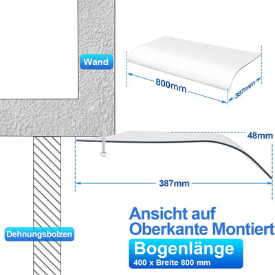 Vigevee Vordach für Haustür 40x80cm Transparent Polycarbonat Pultvordach Pultbogenvordach Überdachun