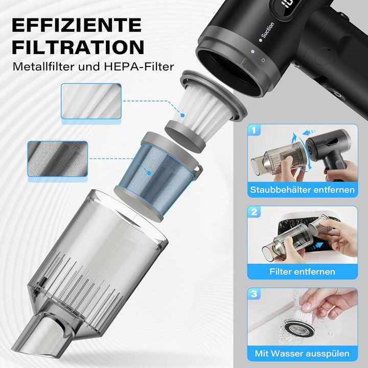 APPS2Car Handstaubsauger Akku Für Auto, 15000PA Mini Akku Auto Staubsauger Stark mit Digitalanzeige,
