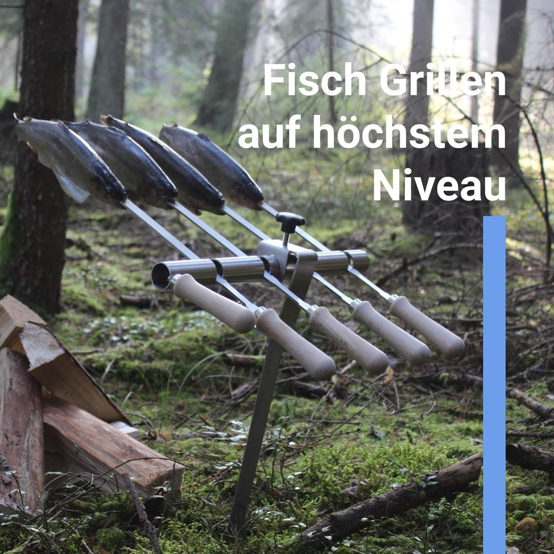 Premium Steckerlfisch Halter für Lagerfeuer - Platz für 4 Fische - Fisch Grill Spiesshalter für offe