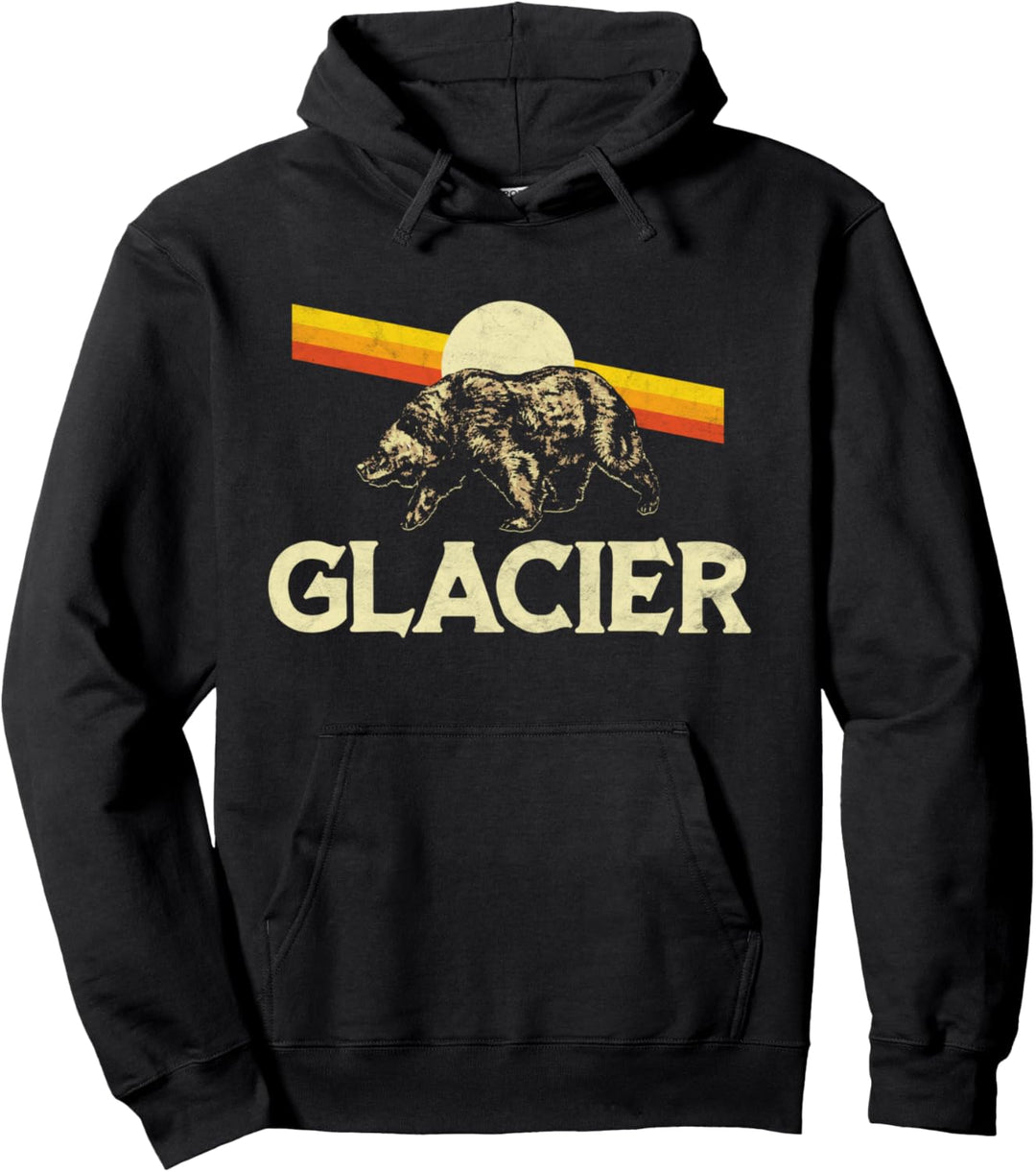 Glacier National Park Retro Grizzly Bear 80's Pullover Hoodie