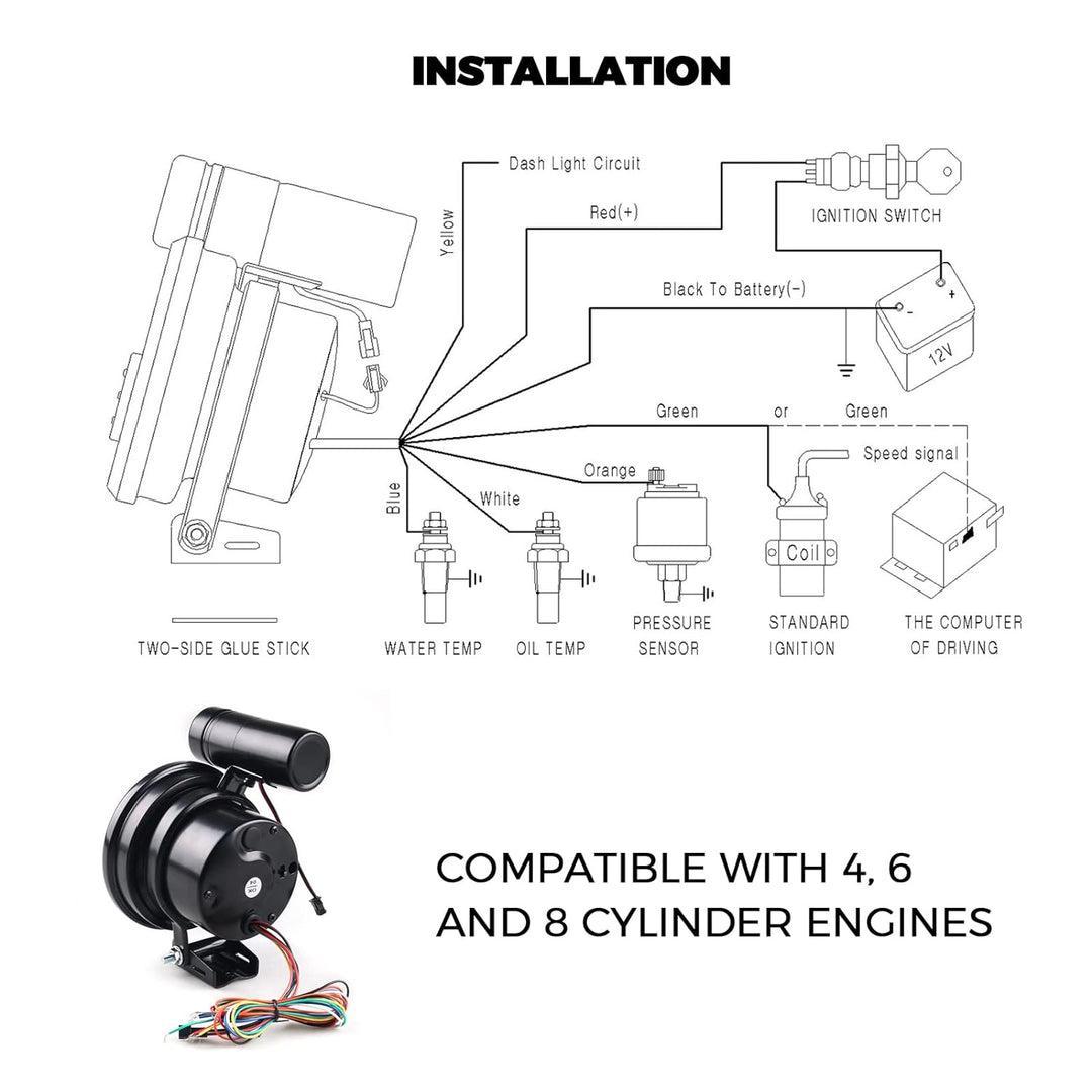 TOTMOX Universal 5" Kohlefaser 4 in 1 Drehzahlmesser mit 11000 U/min mit Temperatur-/Öl-/Wasseranzei
