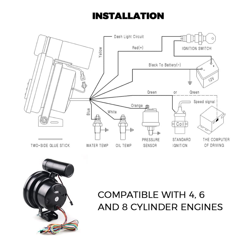 TOTMOX Universal 5" Kohlefaser 4 in 1 Drehzahlmesser mit 11000 U/min mit Temperatur-/Öl-/Wasseranzei