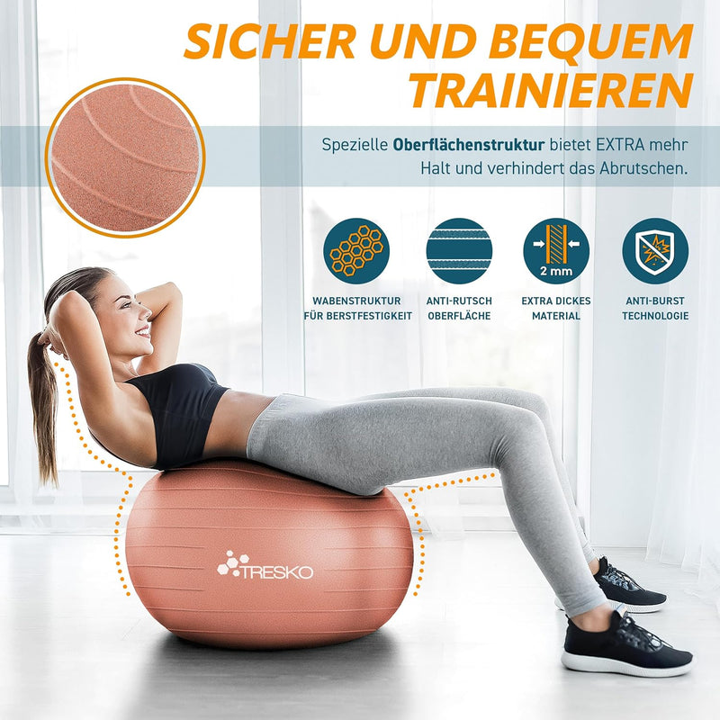 TRESKO® Gymnastikball BPA-Frei inkl. Luftpumpe | Ball für Fitness, Yoga, Gymnastik, Schwangerschaft,