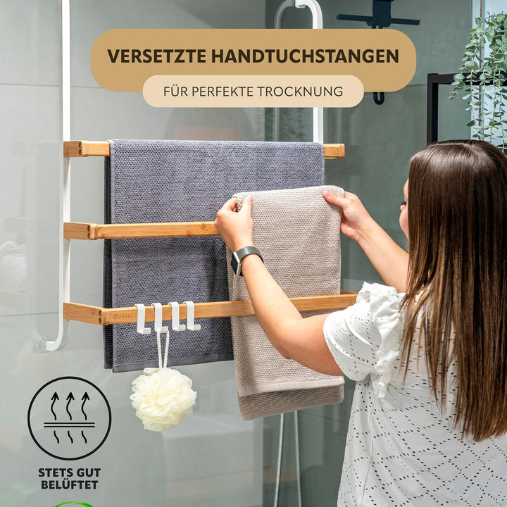 eluno Handtuchhalter für die Glasduschwand aus Metall und Bambus, Handtuchhalter mit 3 Handtuchstang