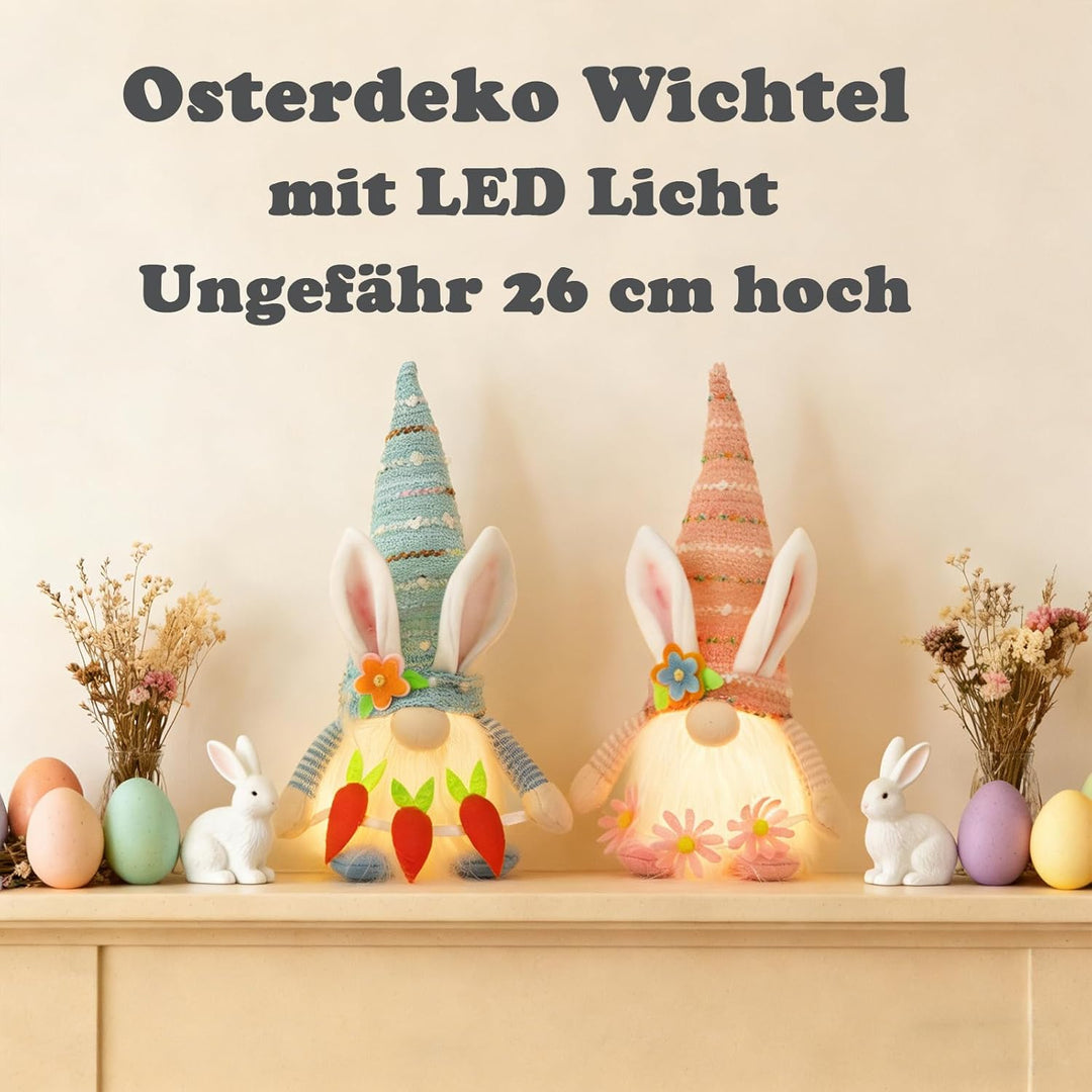 Osterdeko Wichtel, 2 Stück Ostern Deko Wichtel Figuren mit LED Licht, 26 cm Gross Osterwichtel Puppe