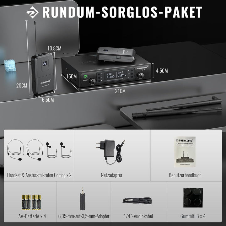 Phenyx Pro Kabelloses UHF-Mikrofonsystem, Auto-Scan-Mikrofon-Set mit 2 x 100 Frequenzen, 2 Bodypacks