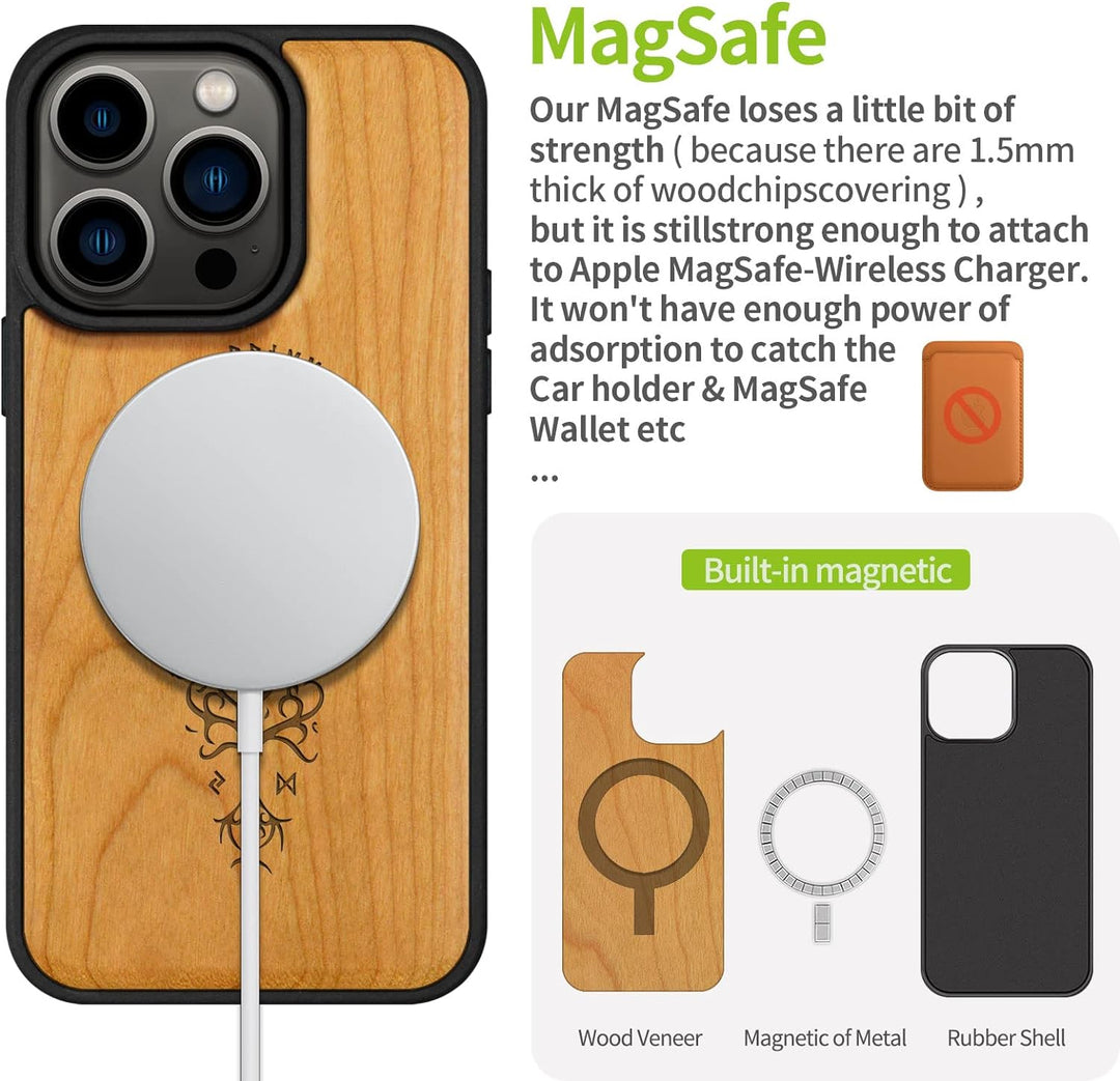 Carveit Magnetisch Hülle für iPhone 14 Pro Case [Elegante Kirschholz] [Weich TPU Stossstange] Stossf
