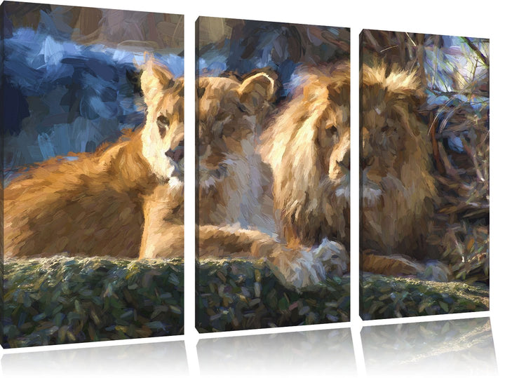 Pixxprint interessiertes Löwenpaar Kunst als Leinwandbild/Grösse: 3 Teilig (120x80) cm/Wandbild/Kuns