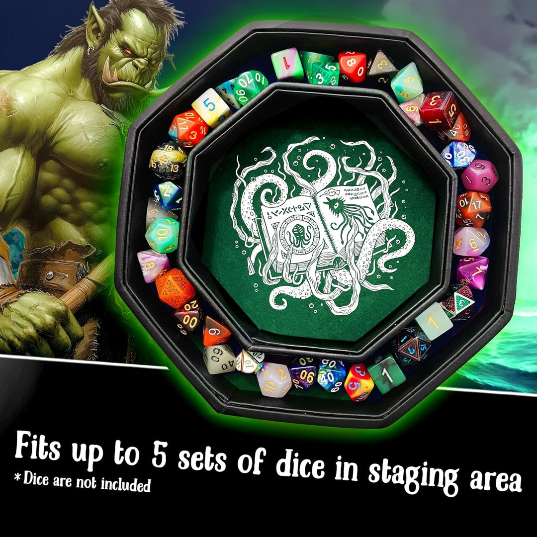 Fantasydice-Cthulhu Tome-Green - Dice Tray - 20CM Octagon with Lid and Dice Staging Area- Holds 5 Se