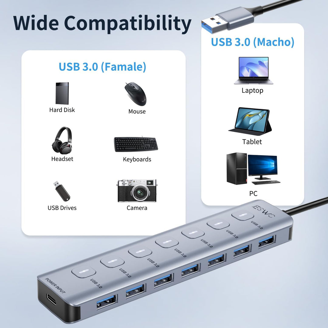 JESWO 7-Port USB 3.0 Hub mit individuellen Schaltern & LED-Anzeigen, Aluminium USB Verteiler 5Gbps,