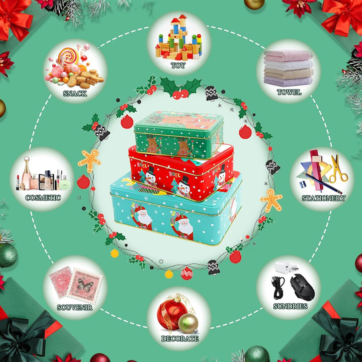 3er Set Keksdosen für Weihnachten,Keksdosen Set, Plätzchendose Metall,Dreistöckige Gebäckdosen,Vorra