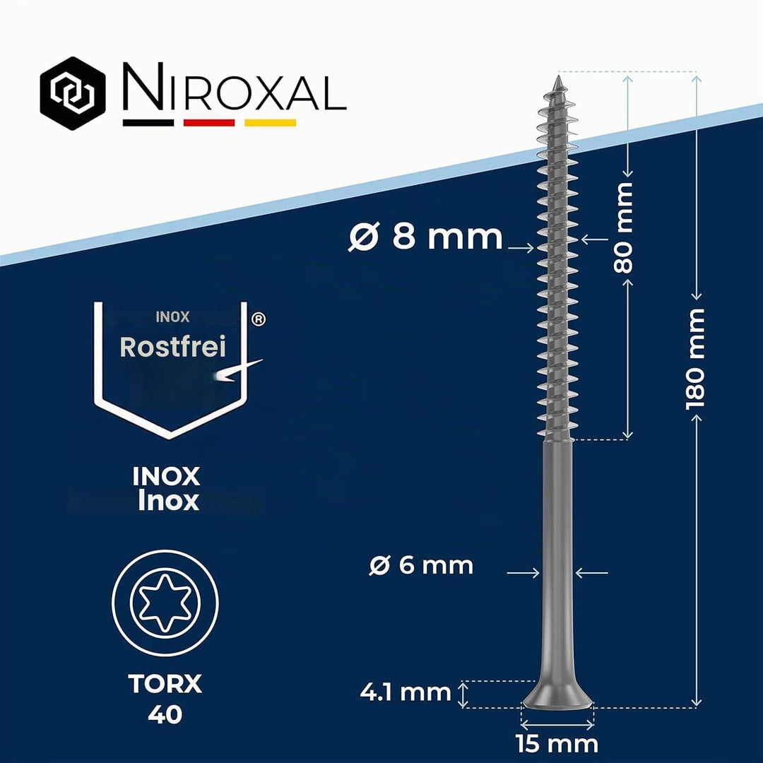 Holzschrauben Torx Schrauben 8x180 Edelstahl V2A rostfrei Spanplattenschrauben für Holz Teilgewinde