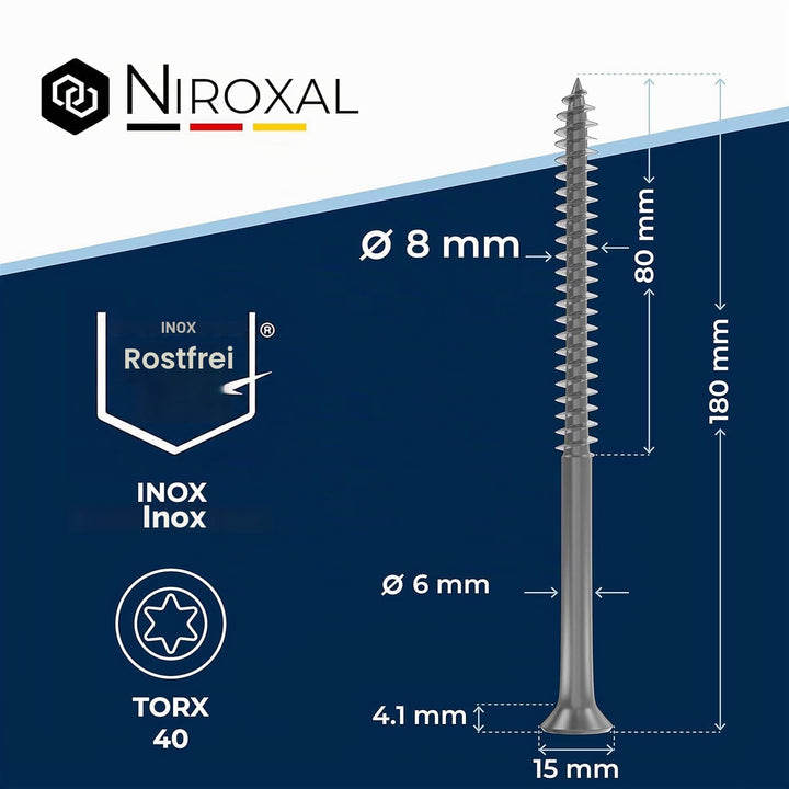 Holzschrauben Torx Schrauben 8x180 Edelstahl V2A rostfrei Spanplattenschrauben für Holz Teilgewinde
