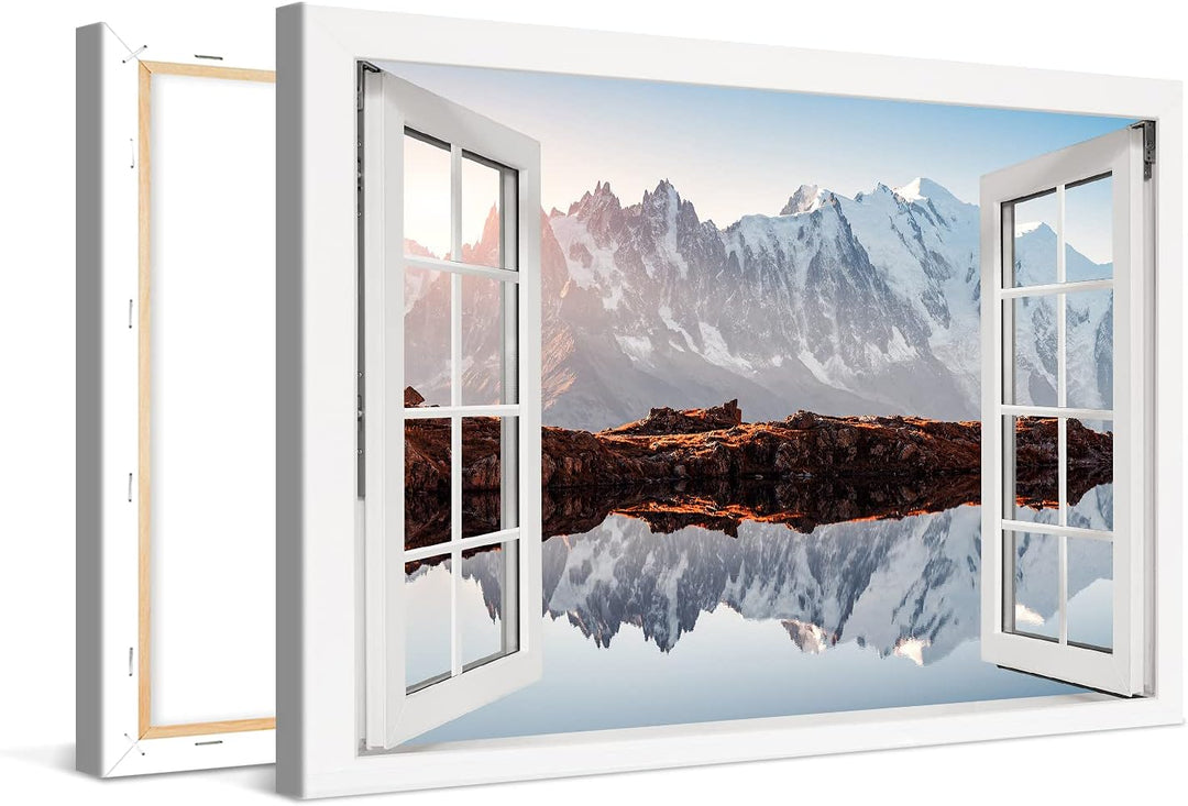 PICANOVA – Bild auf Leinwand Monte Bianco Alpen Bergsee Chesery Fenster 60x40cm Leinwandbild – Premi