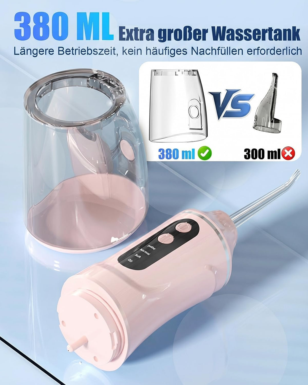 Munddusche Kabellos Elektrisch, 2026 380ml Wassertank, 3 Modi & 4 Düsen, 1600 Wasserstösse/Min, IPX7