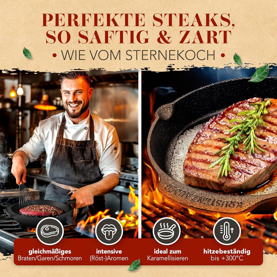 KRUSTENZAUBER 24cm Gusseisenpfanne Induktion - Voreingebrannte Gusseisen Pfanne - Ideale Grillpfanne