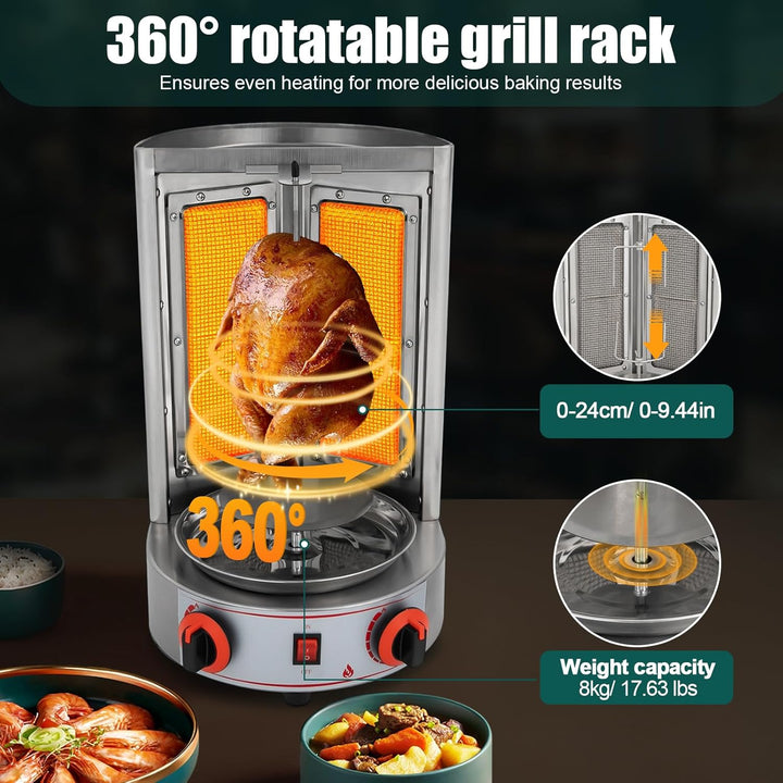 4300w Gas Dönergrill, Edelstahl Hähnchengrill, Gyrosgrill mit 360° Drehspiess, Vertikalgrill für Zuh