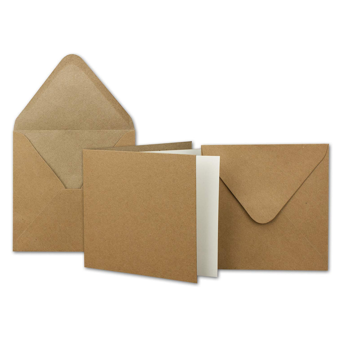 NEUSER PAPIER 100x Kraftpapier-Karten Set quadratisch 13,5 x 13,5 cm mit Brief-Umschlägen & Einlege-