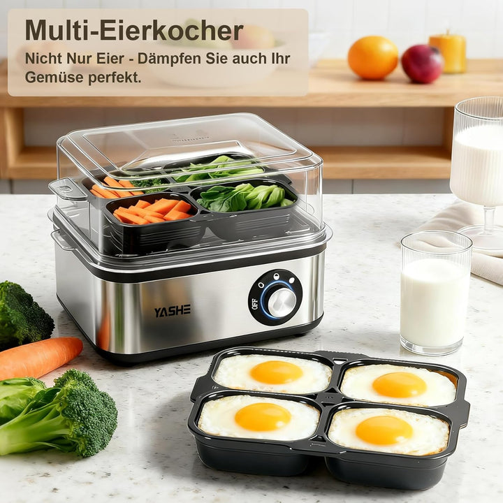 YASHE Eierkocher, Edelstahl-Elektro-Eierkocher für 8 Eier für weich, mittel und hart gekochte Eier,