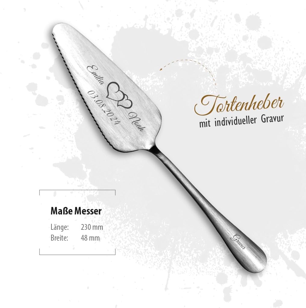 Tortenmesser + Kuchenheber Set mit eigener Gravur/Hochzeit Motiv Herzen Geschenk Brautpaar Tortenheb